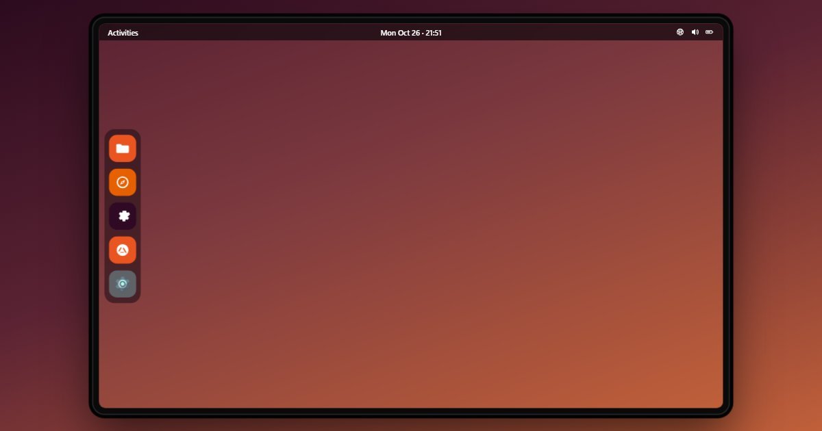 Ubuntu 26.04 LTS home screen in the simulator